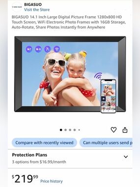 BIGASUO 14.1" Digital WiFi Photo Frame w/ Auto Rotate and 16gb storage